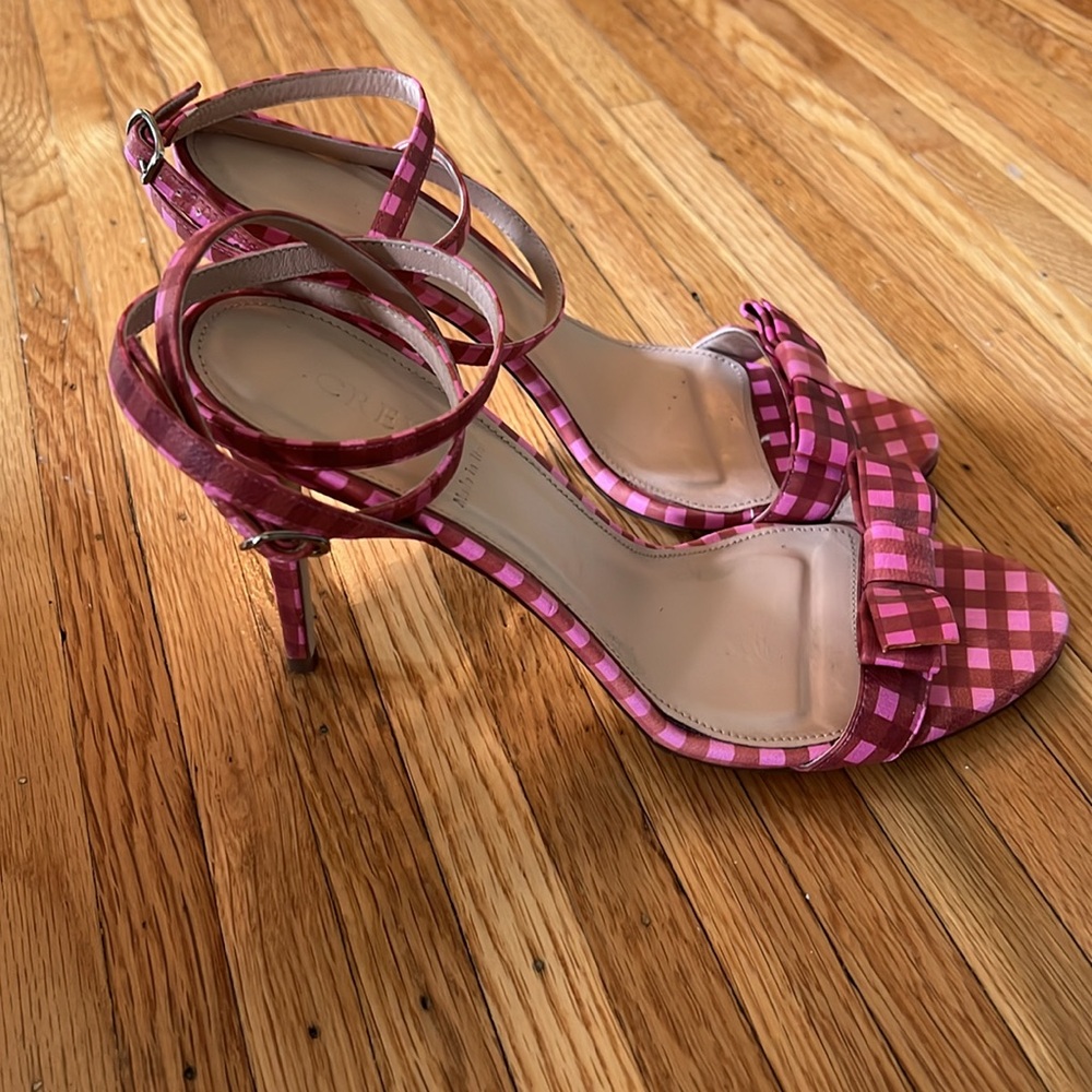J.Crew Pink Gingham Print Leather Strappy High Heel Sandals with Bow, Size 8.5 - Picture 3 of 10